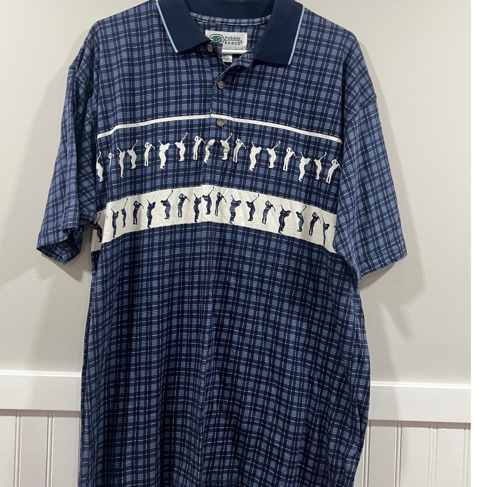 Pebble Beach Vintage Polo Short Sleeve Plaid Blue Golf Activewear Men Size Large